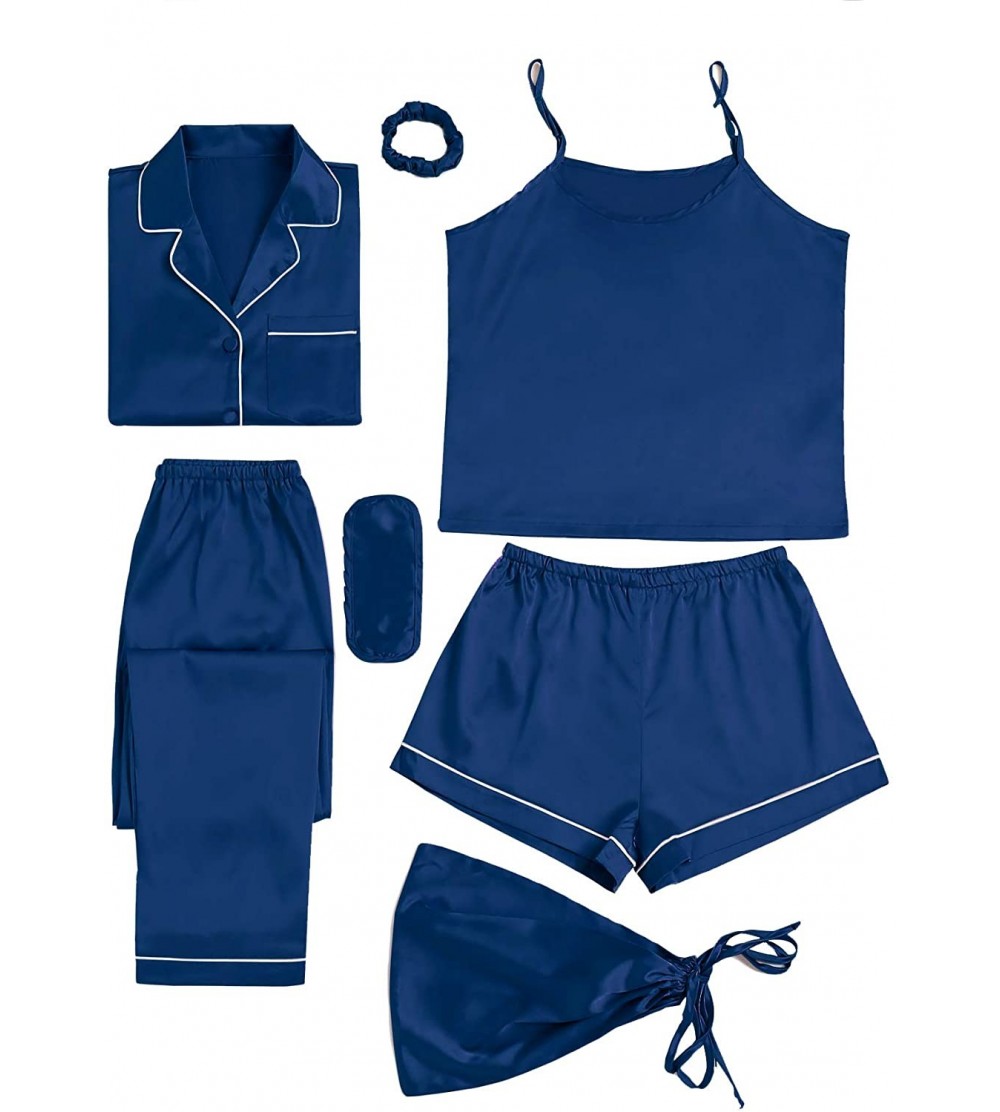 Sets Women's Pajamas Set 7pcs Silk Satin Sleepwear Loungewear Cami Shirt Pj Set - Navy - CT19E4R5QEH $41.48