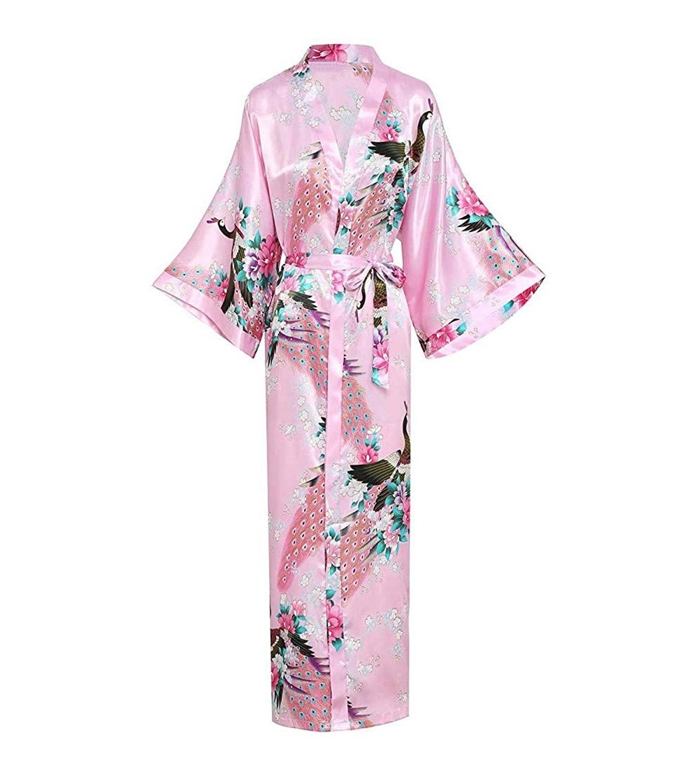 Robes Women Long Robe with Pocket Wedding Bride Bridesmaid Dressing Gown Rayon Kimono Bathrobe Night Dress - Pink 1 - CV198KZ...