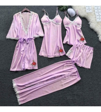 Nightgowns & Sleepshirts Women's 5PCS Silk Satin Pajama Set Cami Top Nightgown Lace Sleepwear Robe Sets Sexy Nightdress with ...