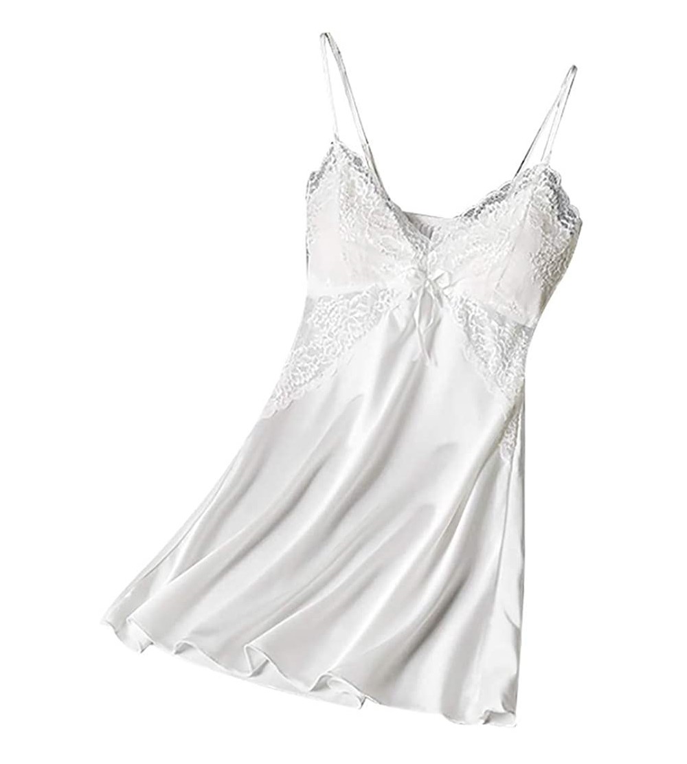 Nightgowns & Sleepshirts Women Chemise Satin Silk Teddy Sleepwear Sexy Pajamas Nightgown Full Slips Lace Dress - White - CE19...