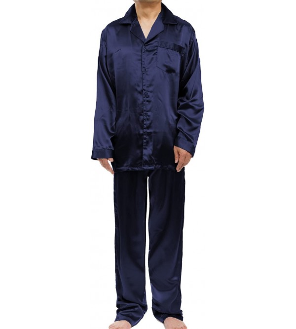 Men's Satin Pajama Set- Long Sleeve Silky Pajamas - Navy Blue - CX189IQN7EQ