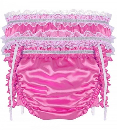 Briefs Men's Ruffled Frilly Satin Bikini Briefs Sissy Crossdress Panties Underwear with Garters Belt - Rose - CX18NR4KQKE $17.67