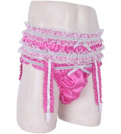 Briefs Men's Ruffled Frilly Satin Bikini Briefs Sissy Crossdress Panties Underwear with Garters Belt - Rose - CX18NR4KQKE $17.67