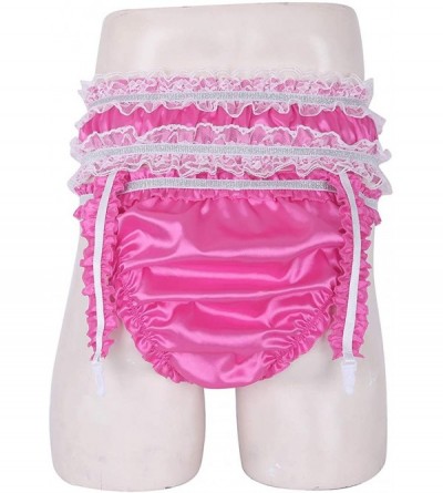 Briefs Men's Ruffled Frilly Satin Bikini Briefs Sissy Crossdress Panties Underwear with Garters Belt - Rose - CX18NR4KQKE $17.67