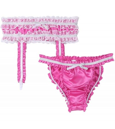 Briefs Men's Ruffled Frilly Satin Bikini Briefs Sissy Crossdress Panties Underwear with Garters Belt - Rose - CX18NR4KQKE $17.67