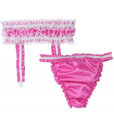 Briefs Men's Ruffled Frilly Satin Bikini Briefs Sissy Crossdress Panties Underwear with Garters Belt - Rose - CX18NR4KQKE $17.67