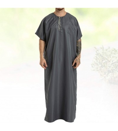 Robes Islamic Thobe Round Collar Embroidery Short Sleeve Middle Eastern Arab Muslim Wear Robe Clothes for Men Size M (Grey) -...