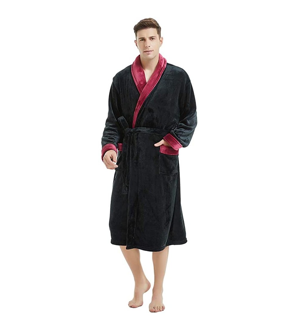 Robes Mens Fleece Robe Plush Collar Shawl Bathrobe - Black/Dark Red - CJ18K77LOL6 $24.75