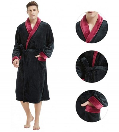 Robes Mens Fleece Robe Plush Collar Shawl Bathrobe - Black/Dark Red - CJ18K77LOL6 $24.75