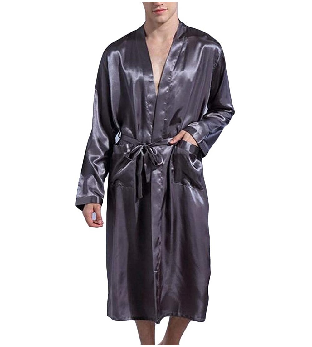 Robes Men Satin Long Sleeve Bathrobe Belt Big & Tall Sleepwear Robe - Grey - CC18T2ZKKN0 $24.04