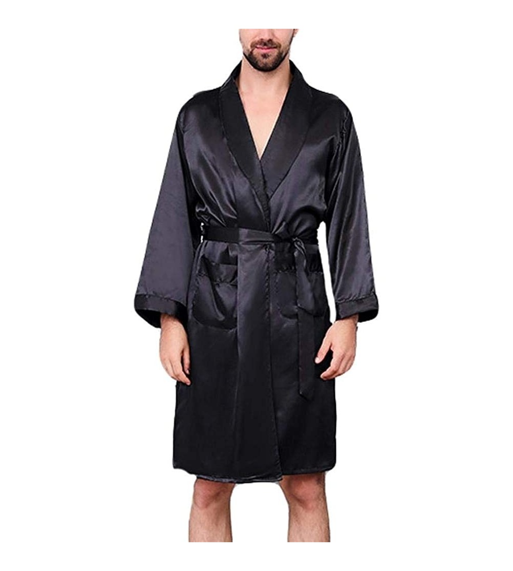 Robes Men Black Satin Silk Summer Sleepwear Japanese Kimono Yukata Knee Length Bathrobes - Style B - CZ197WLO9SY $36.74