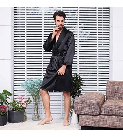 Robes Men Black Satin Silk Summer Sleepwear Japanese Kimono Yukata Knee Length Bathrobes - Style B - CZ197WLO9SY $36.74