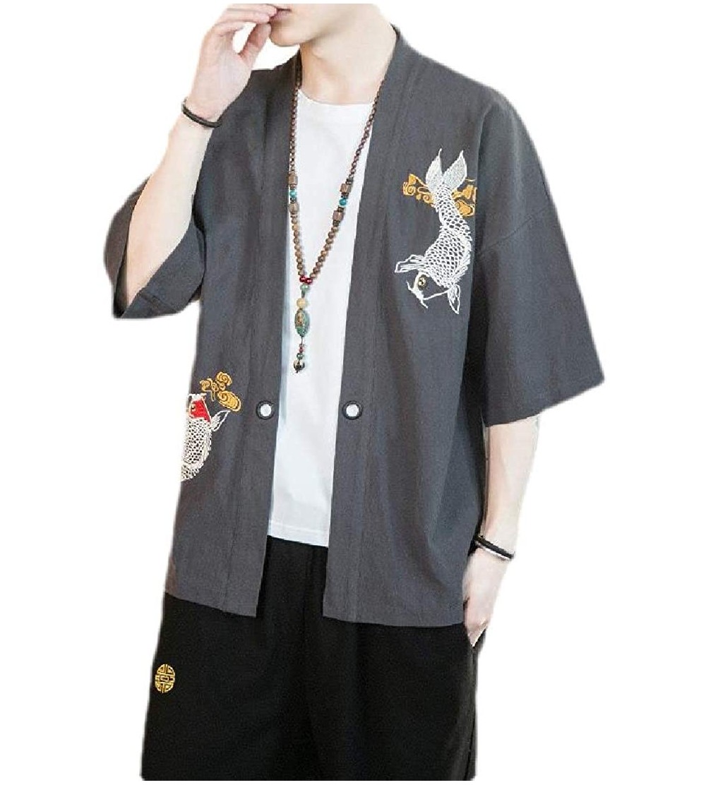 Robes Men's Cotton Linen Short Sleeve Embroidery Open Front Kimono Bathrobe Coat - Grey - C5198R54O75 $20.72