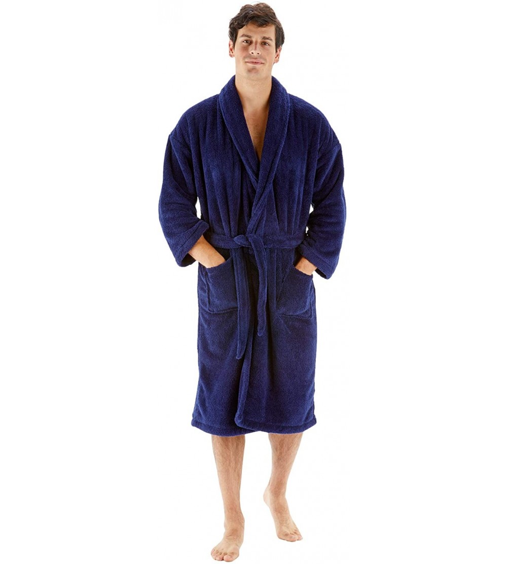 Robes Men's Robe Microfiber Plush Fleece Bathrobe - Navy - Shawl - CP18A0M33XS $35.08