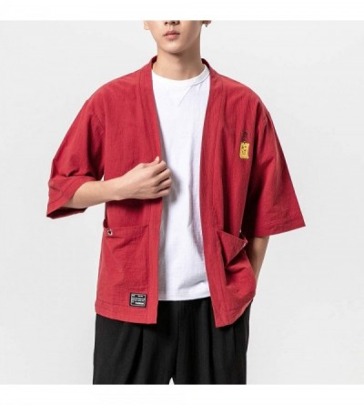 Robes Men's Haori Jacket Kimono Cardigan Noragi Japanese Yukata - R5-red - CX197774DDX $24.94