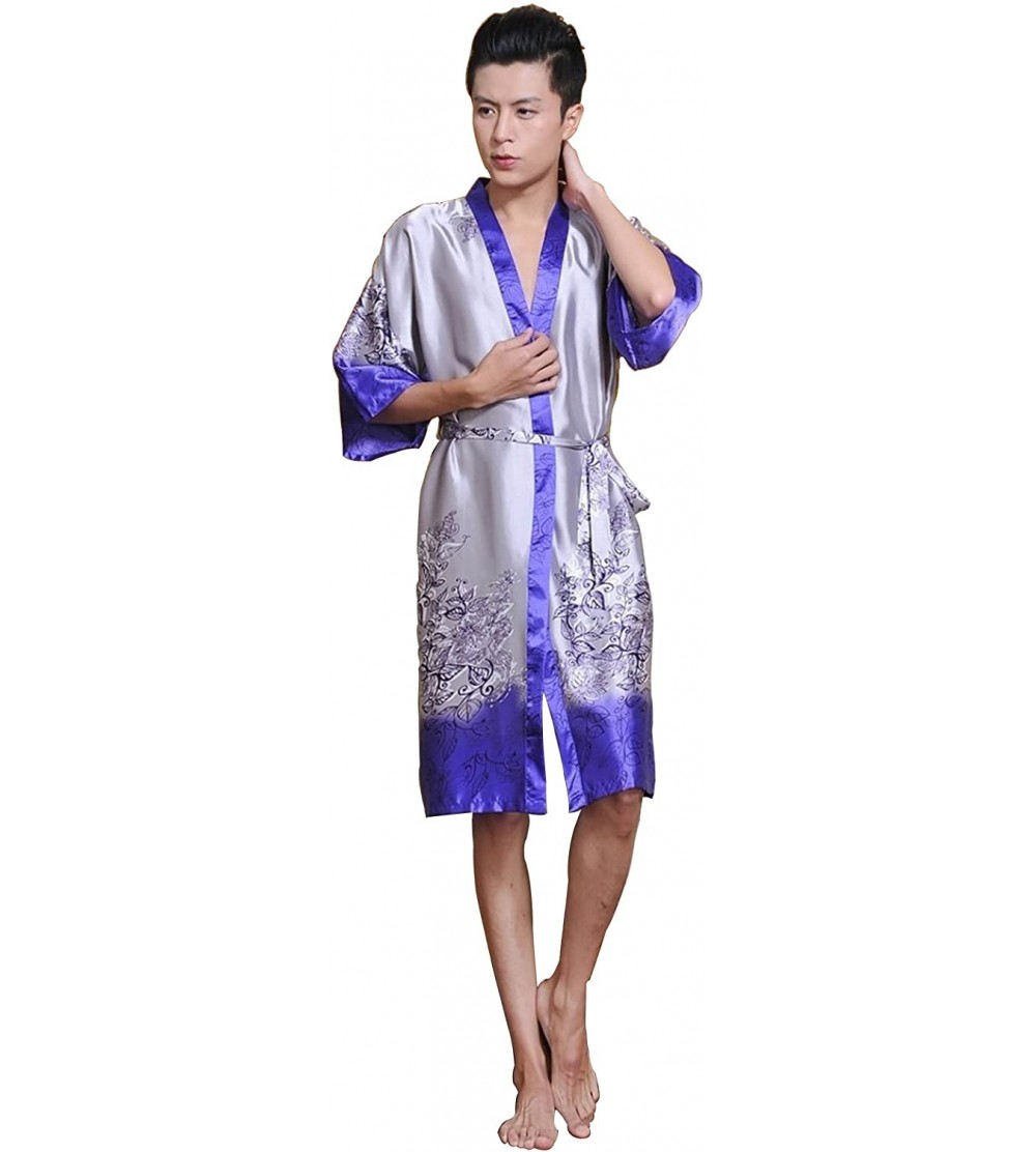 Robes Men's Kimono Collar Printed Satin Bathrobe Robe - 3 - CD11K3R9LAV $27.54