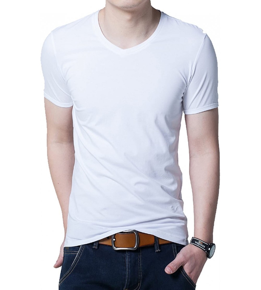 Undershirts Men's Plain Candy Colors V Neck Undershirts Stretch Jersey T-Shirt Cotton Tee - White - CG18M3O4XC2 $15.02