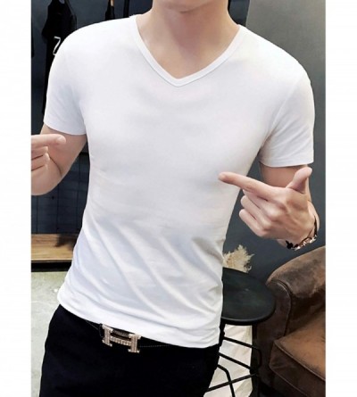 Undershirts Men's Plain Candy Colors V Neck Undershirts Stretch Jersey T-Shirt Cotton Tee - White - CG18M3O4XC2 $15.02