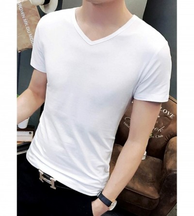 Undershirts Men's Plain Candy Colors V Neck Undershirts Stretch Jersey T-Shirt Cotton Tee - White - CG18M3O4XC2 $15.02