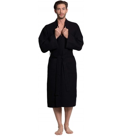 Robes Linen Men's Premium Cotton Blend Lightweight Long Waffle Kimono Bath and Spa Robe - Black - CS18COYS3AU $23.32