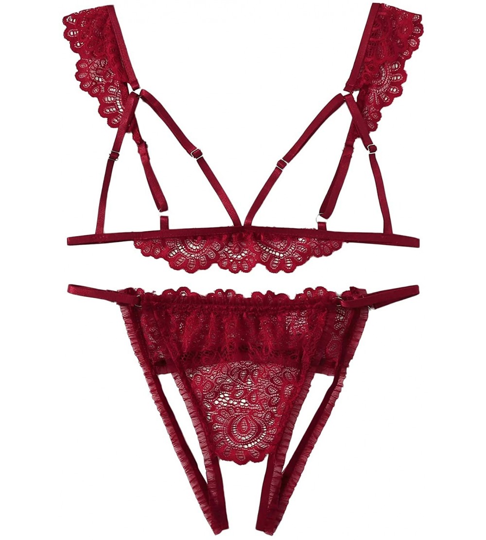 Bras Women's 2 Piece Lace Scalloped Trim Bralette Bra and Panty Lingerie Set - Burgundy-1 - CI18X6AWR05 $16.68