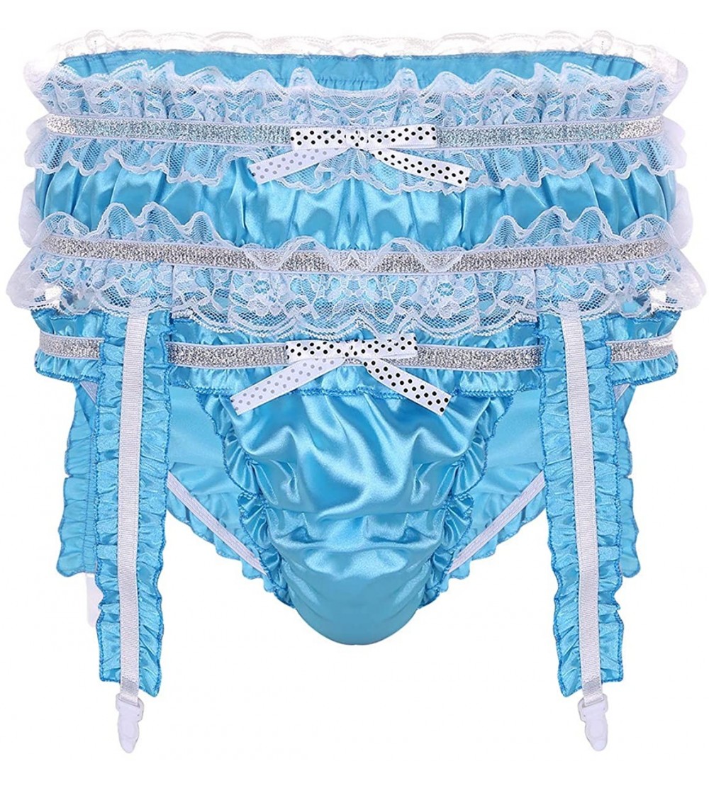 Briefs Men's Frilly Satin Sissy Pouch Briefs Crossdress Underwear Stretchy Panties with Garters - Blue - C519D3KDKXG $20.27