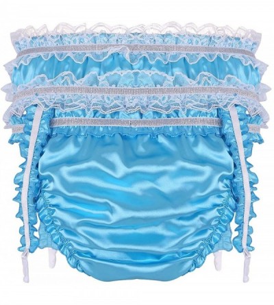 Briefs Men's Frilly Satin Sissy Pouch Briefs Crossdress Underwear Stretchy Panties with Garters - Blue - C519D3KDKXG $20.27