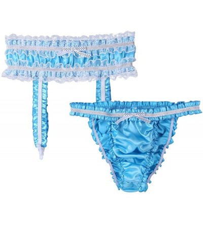 Briefs Men's Frilly Satin Sissy Pouch Briefs Crossdress Underwear Stretchy Panties with Garters - Blue - C519D3KDKXG $20.27