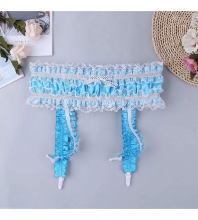 Briefs Men's Frilly Satin Sissy Pouch Briefs Crossdress Underwear Stretchy Panties with Garters - Blue - C519D3KDKXG $20.27