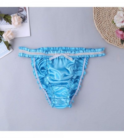 Briefs Men's Frilly Satin Sissy Pouch Briefs Crossdress Underwear Stretchy Panties with Garters - Blue - C519D3KDKXG $20.27