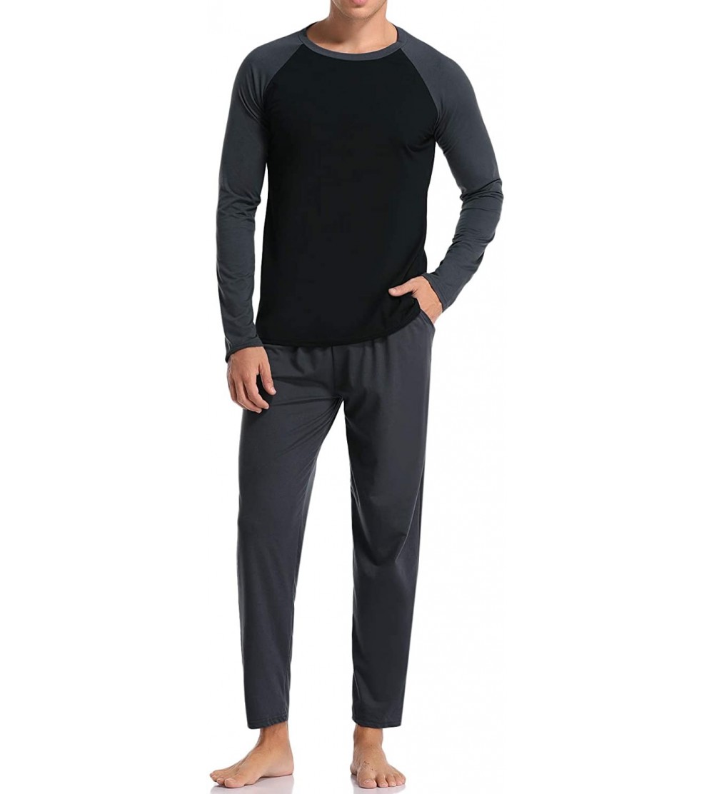 Sleep Sets Mens Plaid Button Front Cotton Pajamas Set Long Sleeve Woven Top & Pant Sleepwear PJ - Dark Grey - C818YKO8NE0 $31.25