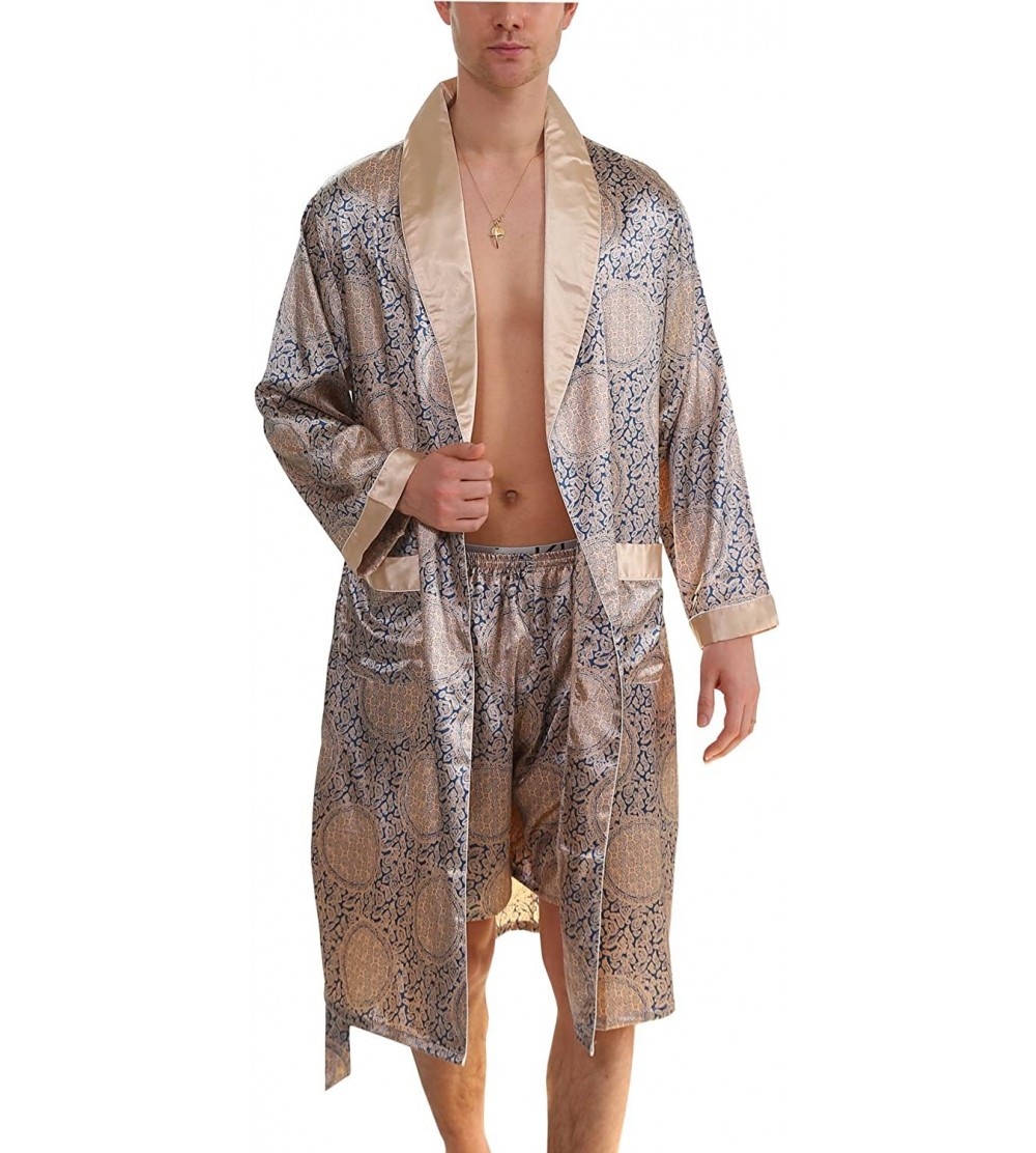 Robes Men's Summer Luxurious Kimono Soft Satin Robe Long-Sleeve Nightgown Printed Pajamas Bathrobes - Blue Gold - CO18ERHGSWL...