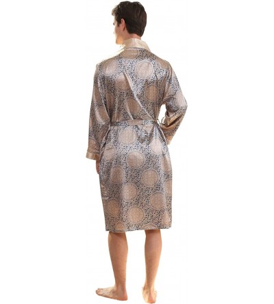 Robes Men's Summer Luxurious Kimono Soft Satin Robe Long-Sleeve Nightgown Printed Pajamas Bathrobes - Blue Gold - CO18ERHGSWL...