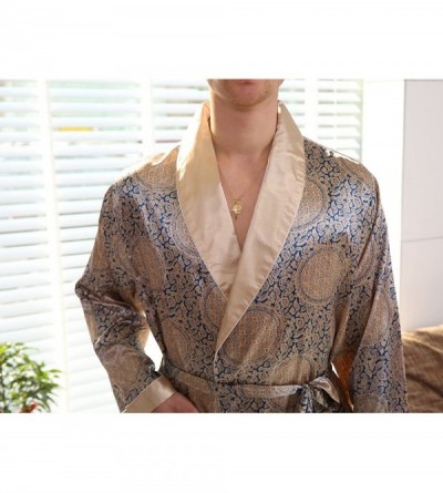 Robes Men's Summer Luxurious Kimono Soft Satin Robe Long-Sleeve Nightgown Printed Pajamas Bathrobes - Blue Gold - CO18ERHGSWL...