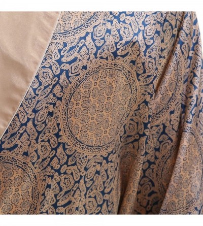 Robes Men's Summer Luxurious Kimono Soft Satin Robe Long-Sleeve Nightgown Printed Pajamas Bathrobes - Blue Gold - CO18ERHGSWL...