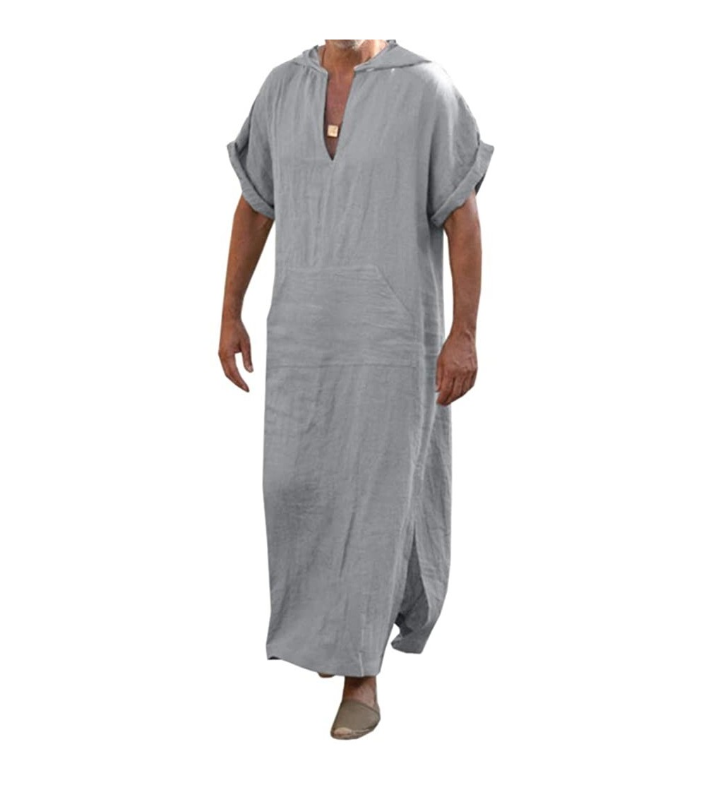 Robes Mens Henley Hooded Robes Short Sleeve Casual Kaftan Solid Ankle Length Thobe Ultra Long Gown Kangaro Pocket - 02 Dark G...