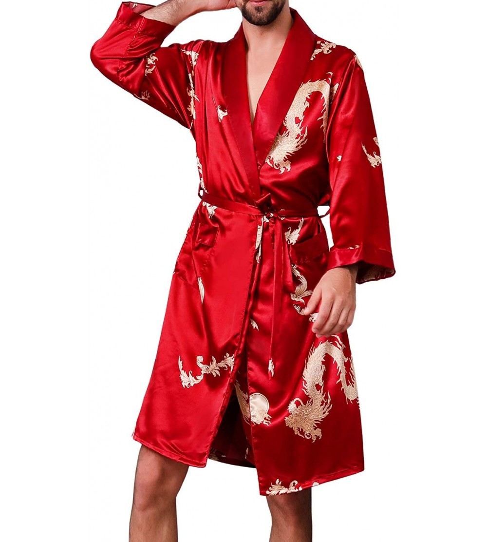 Robes Mens Satin Robe-Silk Long Sleeve House Kimono Bathrobe Pajamas Set- Soft Dragon Robe Set - CP18ZKOGAE5 $30.76