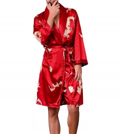 Robes Mens Satin Robe-Silk Long Sleeve House Kimono Bathrobe Pajamas Set- Soft Dragon Robe Set - CP18ZKOGAE5 $30.76