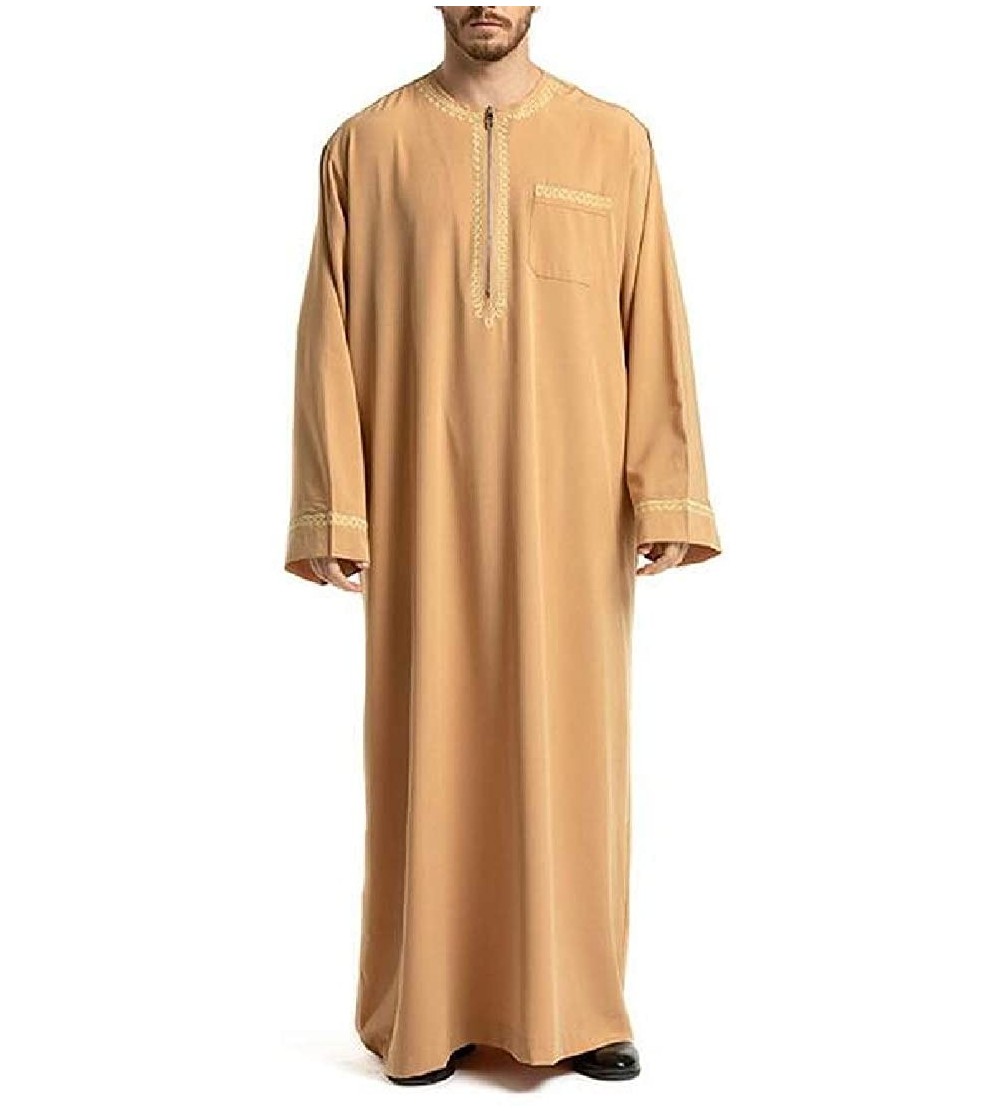 Robes Mens Loose Middle East Muslim Embroidery Arabic Abaya Arabian Robe - Yellow - C218TRRXUW4 $39.90