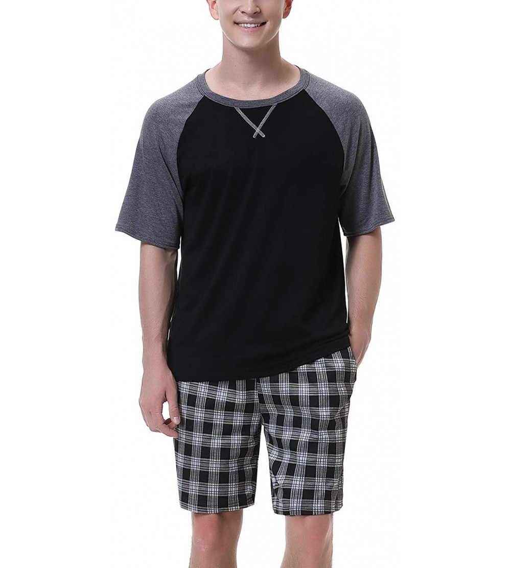 Sleep Sets Men's 100% Cotton Pajamas Set Short Sleeve Crew Neck Lounge Sleepwear - Black Plaid - C2190L9C97Z $29.43