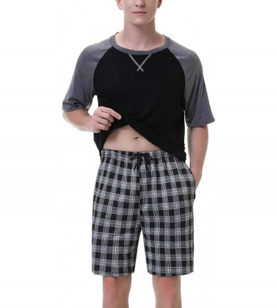 Sleep Sets Men's 100% Cotton Pajamas Set Short Sleeve Crew Neck Lounge Sleepwear - Black Plaid - C2190L9C97Z $29.43