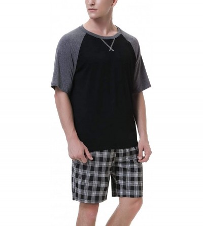 Sleep Sets Men's 100% Cotton Pajamas Set Short Sleeve Crew Neck Lounge Sleepwear - Black Plaid - C2190L9C97Z $29.43