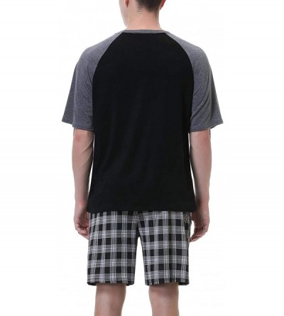 Sleep Sets Men's 100% Cotton Pajamas Set Short Sleeve Crew Neck Lounge Sleepwear - Black Plaid - C2190L9C97Z $29.43