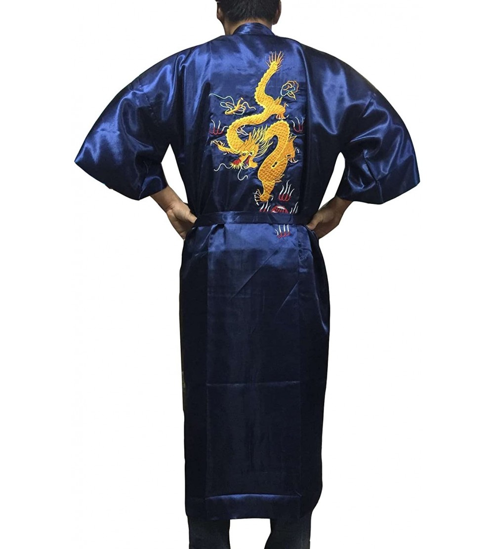 Robes Men's Satin Robe Sleepwear Nightgown Bath Robe Dark Blue - CP11QKAU1AD $24.43