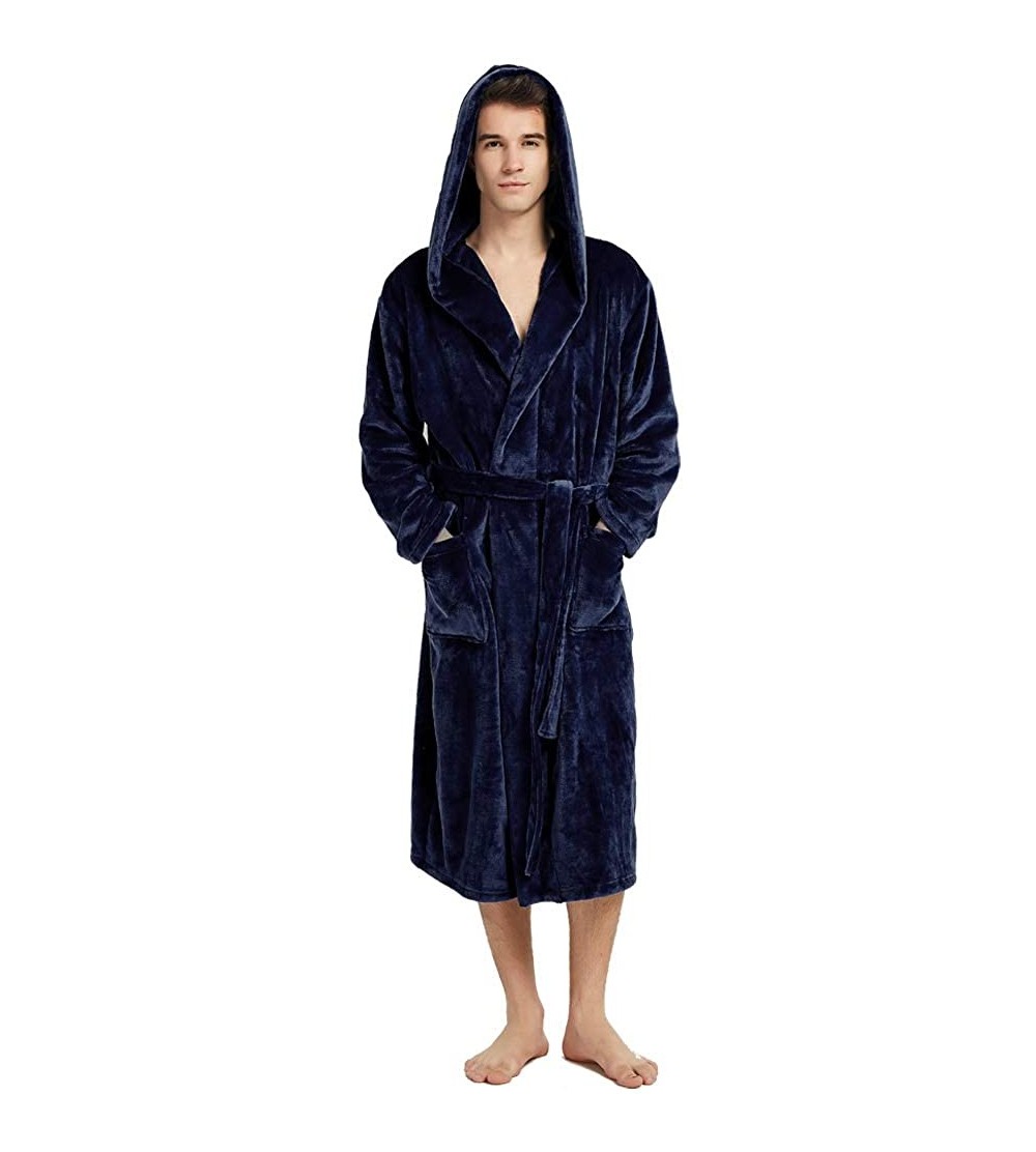 Robes Mens Fleece Hooded Robe Plush Collar Shawl Bathrobe Soft Warm Long Sleeve - Blue - CI18KHTE2T5 $21.20