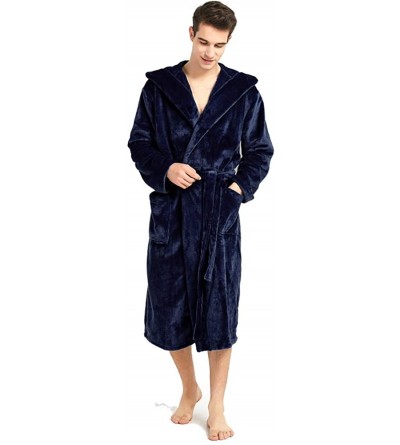 Robes Mens Fleece Hooded Robe Plush Collar Shawl Bathrobe Soft Warm Long Sleeve - Blue - CI18KHTE2T5 $21.20