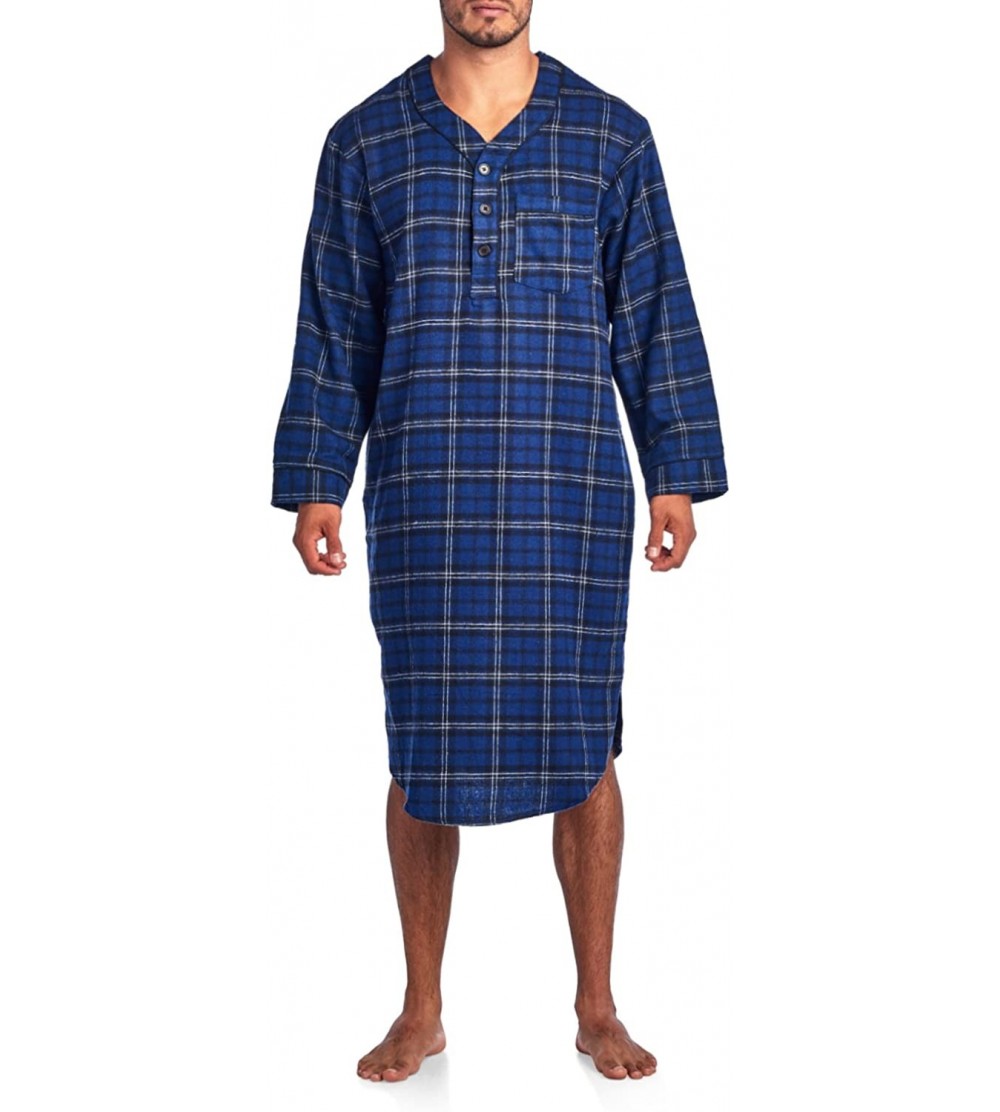 Sleep Tops Mens Flannel Plaid Long Sleep Shirt Henley Nightshirt - Navy Black White Plaid - CG18DKZWHW8 $28.20