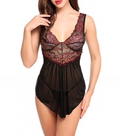 Baby Dolls & Chemises Women Sexy Lingerie Lace Babydoll Sleepwear Mesh Chemise - Black 2 - C718GE4NGMO $15.46