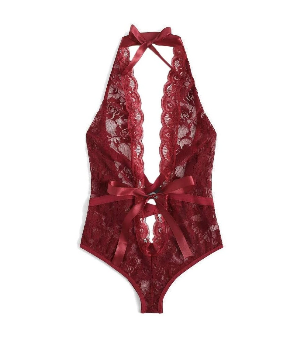 Baby Dolls & Chemises Fashion Women Sexy Lingerie Girl Low Back Cross Floral Lace Sleepwear Babydoll - Wine Red - C2199UTMHU2...