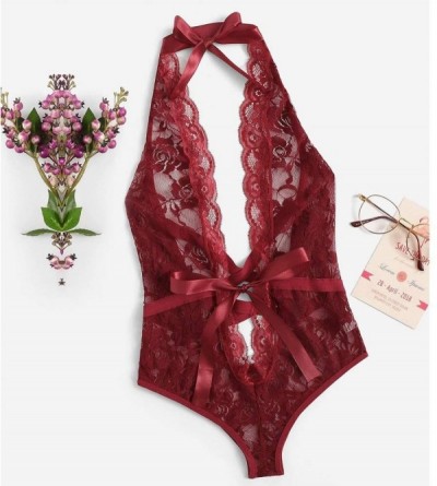 Baby Dolls & Chemises Fashion Women Sexy Lingerie Girl Low Back Cross Floral Lace Sleepwear Babydoll - Wine Red - C2199UTMHU2...